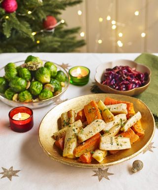 Carrots, parsnips, Brussels sprouts, and red cabbage served for Christmas