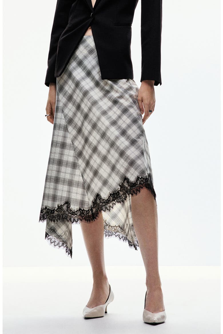 Lace Trim Plaid Midi Skirt
