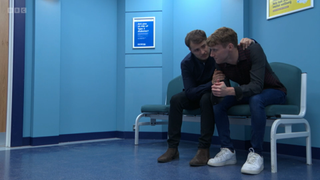 Ben Mitchell comforts Jay Brown at the hospital