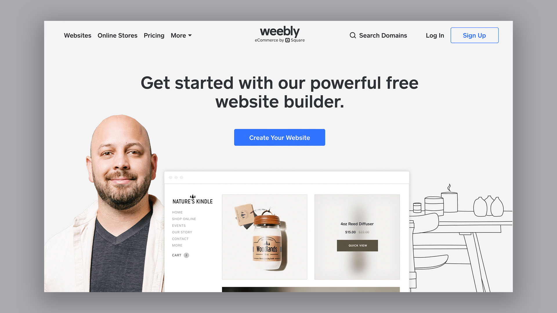 Homepage of Weebly, one of the best blogging platforms, showing smiling man, website page and illustration of food on a table