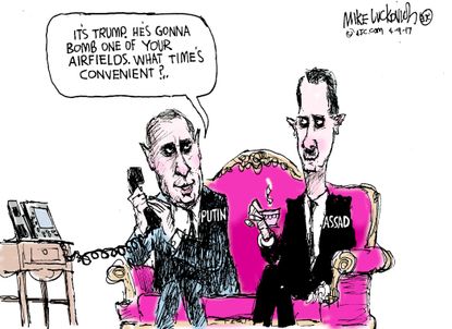 Political Cartoon U.S. Trump Putin Assad Syria Russia Air strikes War