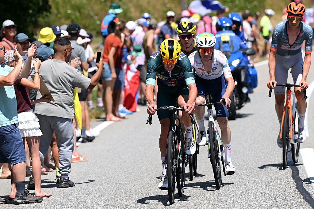 ORCIERES, FRANCE - JULY 23: (L-R) Mads Pedersen of Denmark and Team Lidl - Trek - Green Sprint Jersey, Nicolas Breuillard of France and Team TotalEnergies compete in the breakaway during the 113th Tour de France 2026, Stage 18 a 185.2km stage from Voiron to Orcieres-Merlette 1825m / #UCIWT / on July 23, 2026 in Orcieres, France. (Photo by Dario Belingheri/Getty Images)