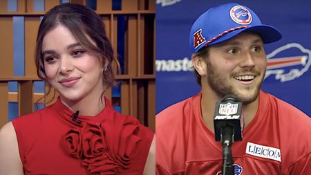 Hailee Steinfeld wearing red on Good Morning America/ Josh Allen wearing Bills Jersey and Blue hat during press conference (side by side)