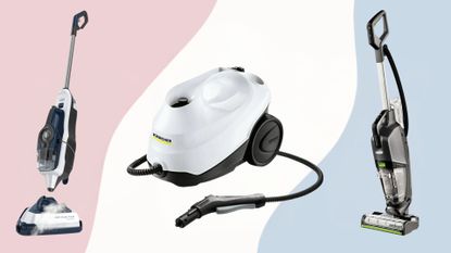 Three of the best steam cleaners, the Bissell CrossWave HydroSteam Steam Cleaner, Vax Steam Fresh Total Home Steam Cleaner and Karcher SC3 Steam Cleaner on a blue, pink, and white background
