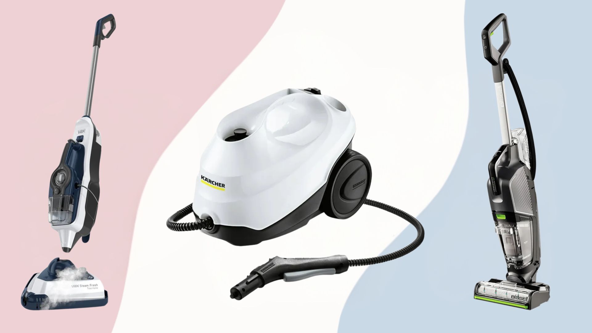 Three of the best steam cleaners, the Bissell CrossWave HydroSteam Steam Cleaner, Vax Steam Fresh Total Home Steam Cleaner and Karcher SC3 Steam Cleaner on a blue, pink, and white background