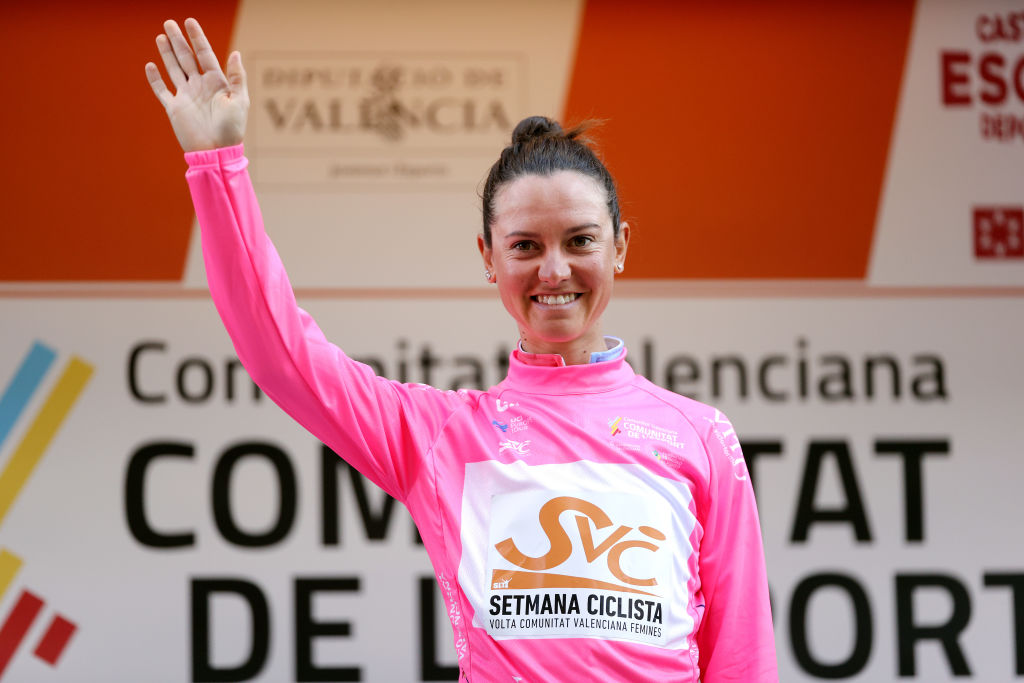 GANDIA SPAIN FEBRUARY 17 Erica Magnaldi of Italy and UAE Team celebrates at podium as pink points jersey winner after the 6th Setmana Ciclista Valenciana Vuelta Comunidad Valenciana Feminas 2022 Stage 1 a 114km stage from Tavernes de la Valldigna to Gandia VoltaCVFemines22 on February 17 2022 in Gandia Spain Photo by Gonzalo Arroyo MorenoGetty Images