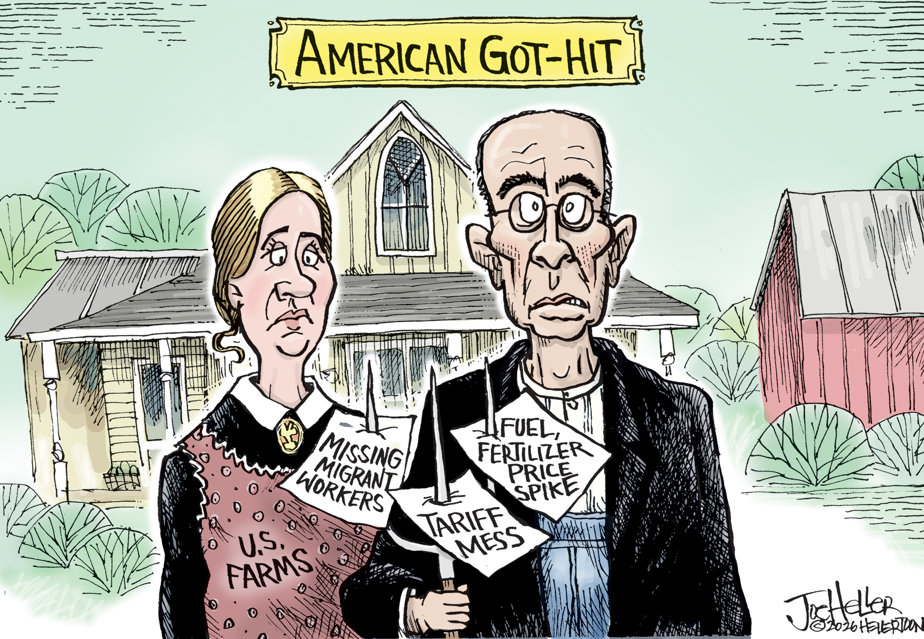 This cartoon is titled &amp;ldquo;American Got-Hit&amp;rdquo; and is drawn to resemble the American Gothic painting. In this version, the woman and man are labeled &amp;ldquo;US Farms&amp;rdquo; and they look sad as the papers on the farmer&amp;rsquo;s pitchfork are labeled &amp;ldquo;Missing migrant workers&amp;rdquo; &amp;ldquo;Tariff Mess&amp;rdquo; and &amp;ldquo;Fuel Fertilizer Price Spike.&amp;rdquo;