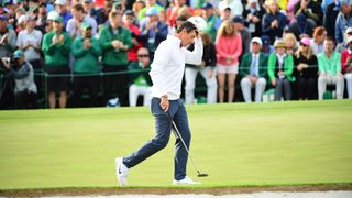 Rory McIlroy reacts to a missed putt during the final round of the 2018 Masters at Augusta National