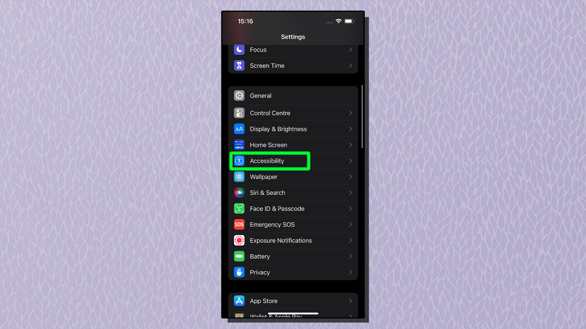 Uma captura de tela mostrando o menu Acessibilidade destacado no menu Configurações em um iPhone