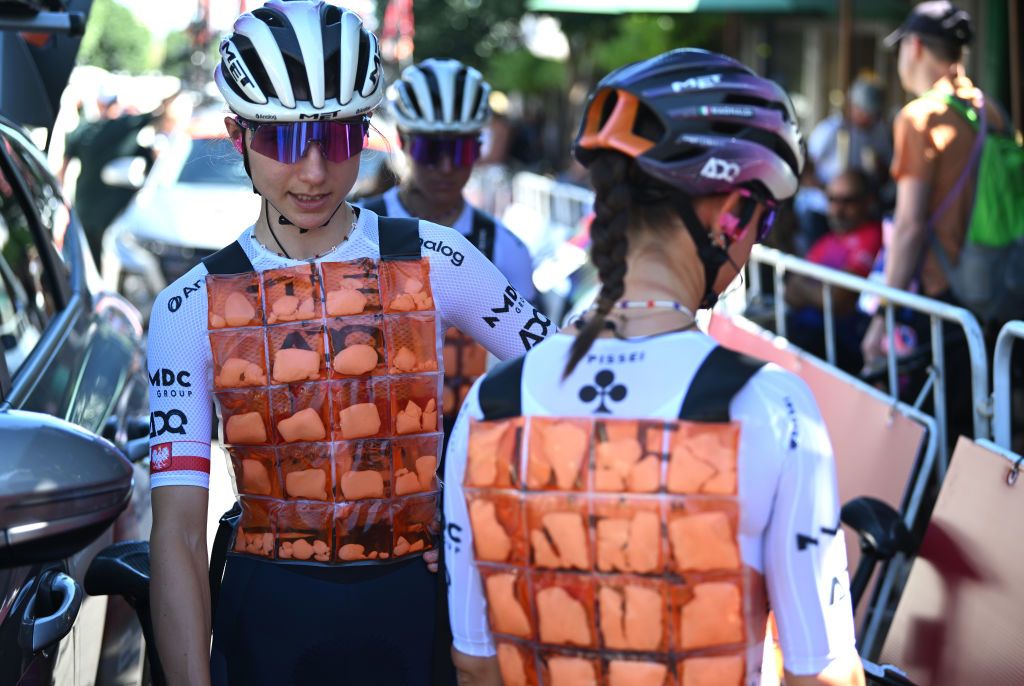 UNLEY AUSTRALIA JANUARY 18 Dominika Wlodarczyk of Poland and UAE Team Adq wearing a cool vest prior to the 9th Santos Womens Tour Down Under 2025 Stage 2 a 115km stage from Unley to Willunga Hill 370m on January 18 2025 in Unley Australia Photo by Dario BelingheriGetty Images