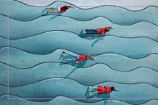 Illustration of blue sea overlayed with swimming kids in each lane