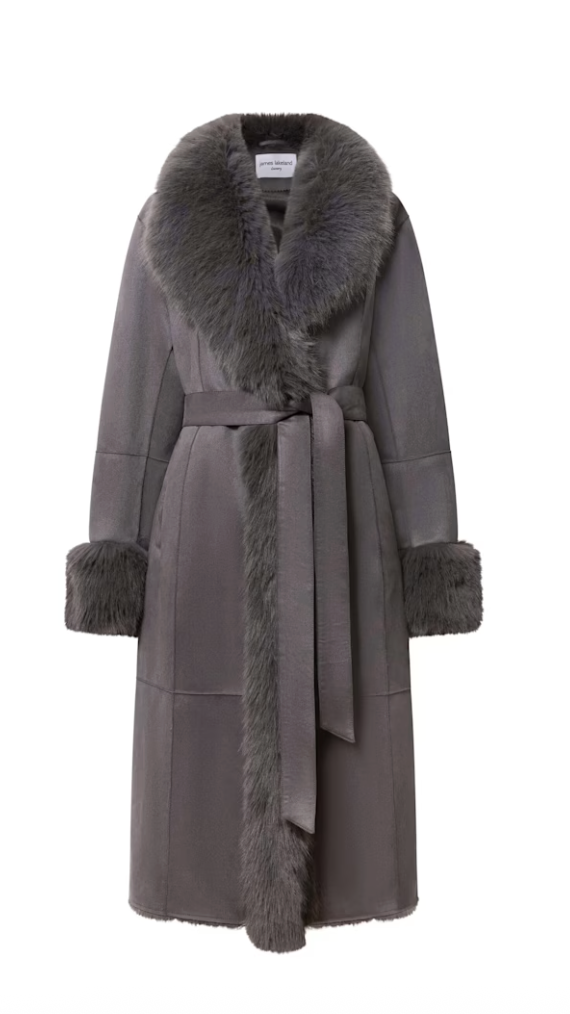 Wolf &amp;amp; Badger, Grey Faux Fur Trim Coat