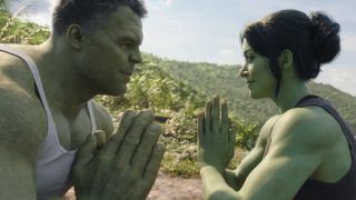 Mark Ruffalo as Hulk and Tatiana Maslany as She-Hulk stretching in She-Hulk season 1