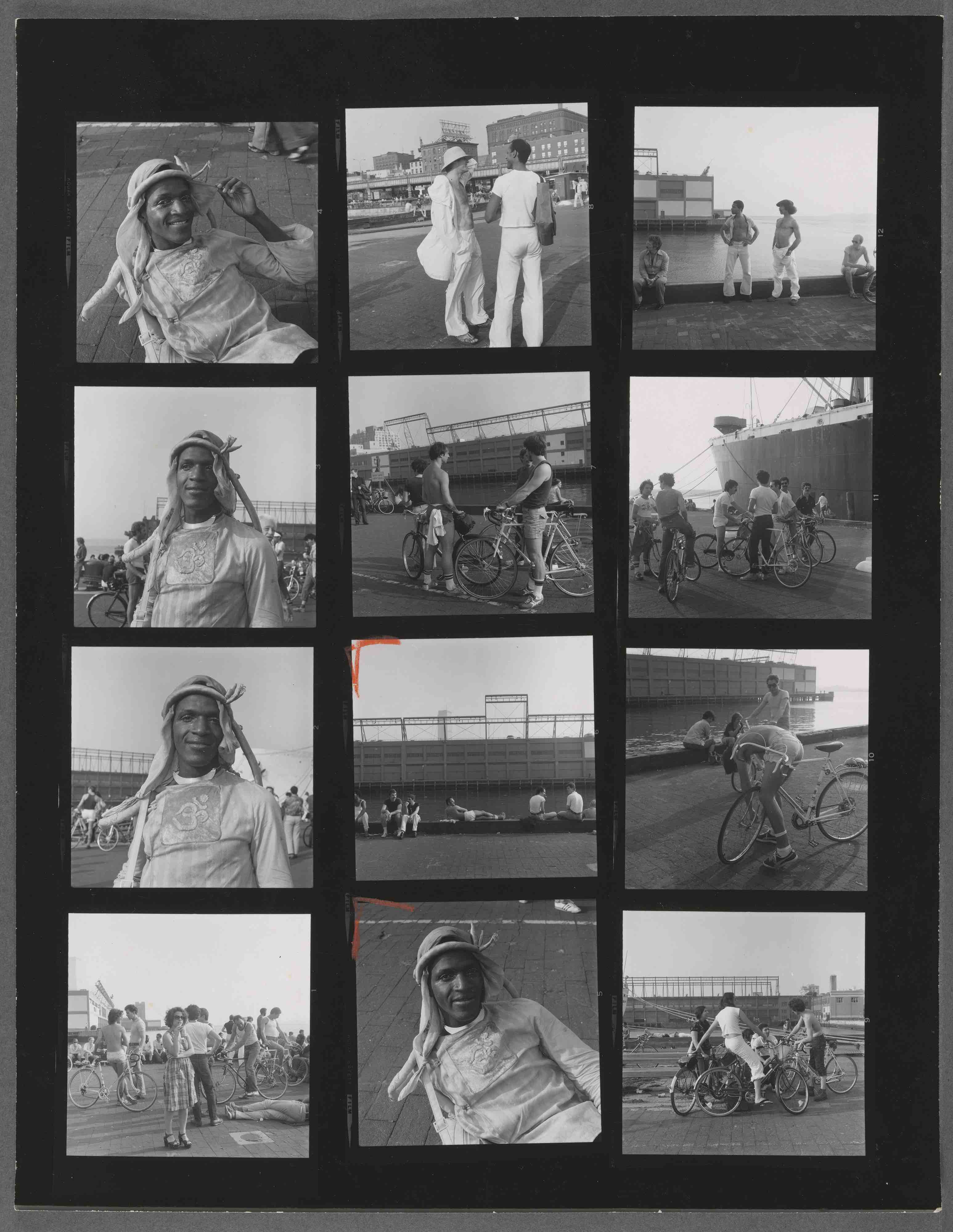  black and white contact sheet of 12 frames arranged in a 3x4 grid, showing a person in white robes and a wrapped headpiece posing on a waterfront pier, with cyclists, a moored cargo ship and city buildings visible in the background across multiple frames