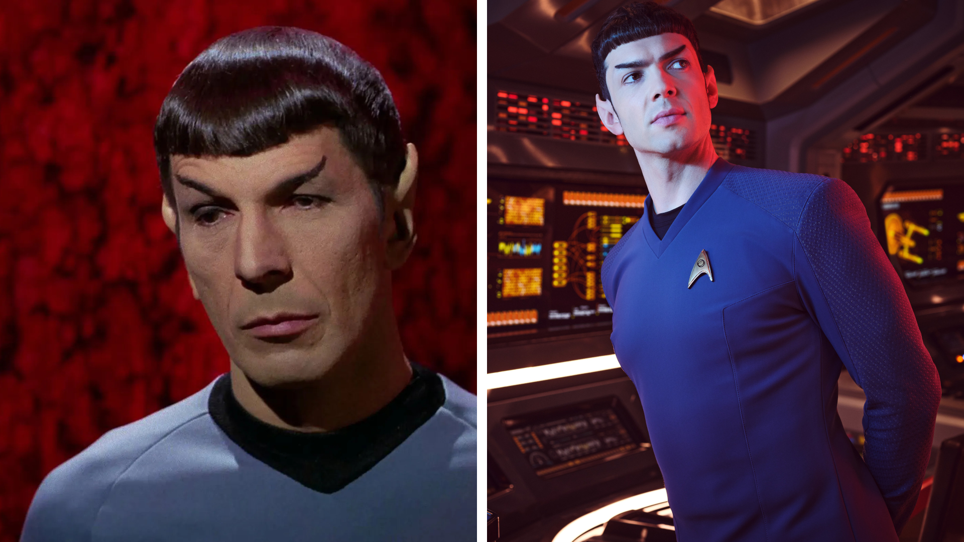 Split image showing Leonard Nimoy (Left) and Ethan Peck (Right), who played Spock in Star Trek: The Original Series and Star Trek: Strange New Worlds, respectively.
