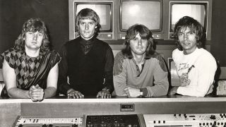 Group portrait of progressive rock group Asia, portrait at Le Studio in Quebec, Canada during recording session of their second album 'Alpha', April 1983. Geoff Downes, Carl Palmer, John Wetton, Steve Howe. (Photo by David Tan/Shinko Music/Getty Images)
