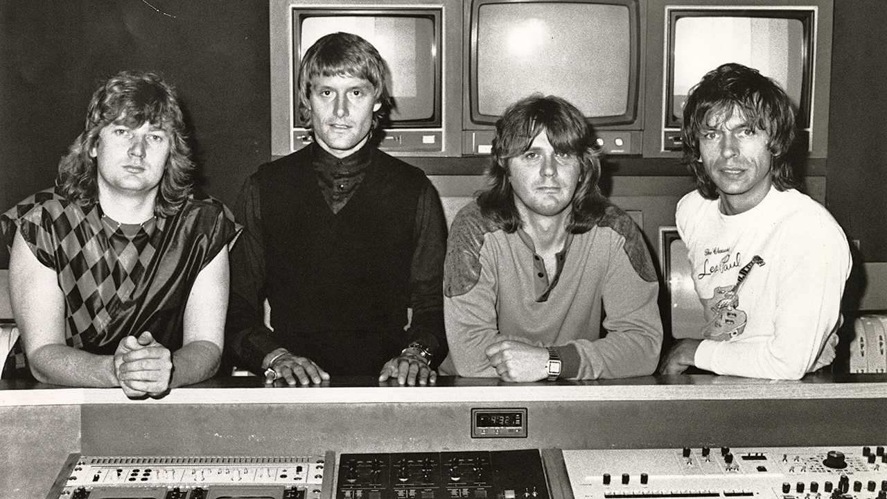 Group portrait of progressive rock group Asia, portrait at Le Studio in Quebec, Canada during recording session of their second album 'Alpha', April 1983. Geoff Downes, Carl Palmer, John Wetton, Steve Howe. (Photo by David Tan/Shinko Music/Getty Images)