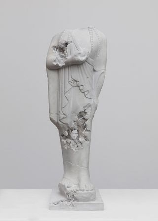 Grey Selenite Eroded Aphrodite or Kore with a bird, 2019, by Daniel Arsham