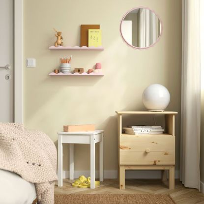 DAGGKAPRIFOL Picture ledge in pink in neutral bedroom, holding pot with pencils, books and more