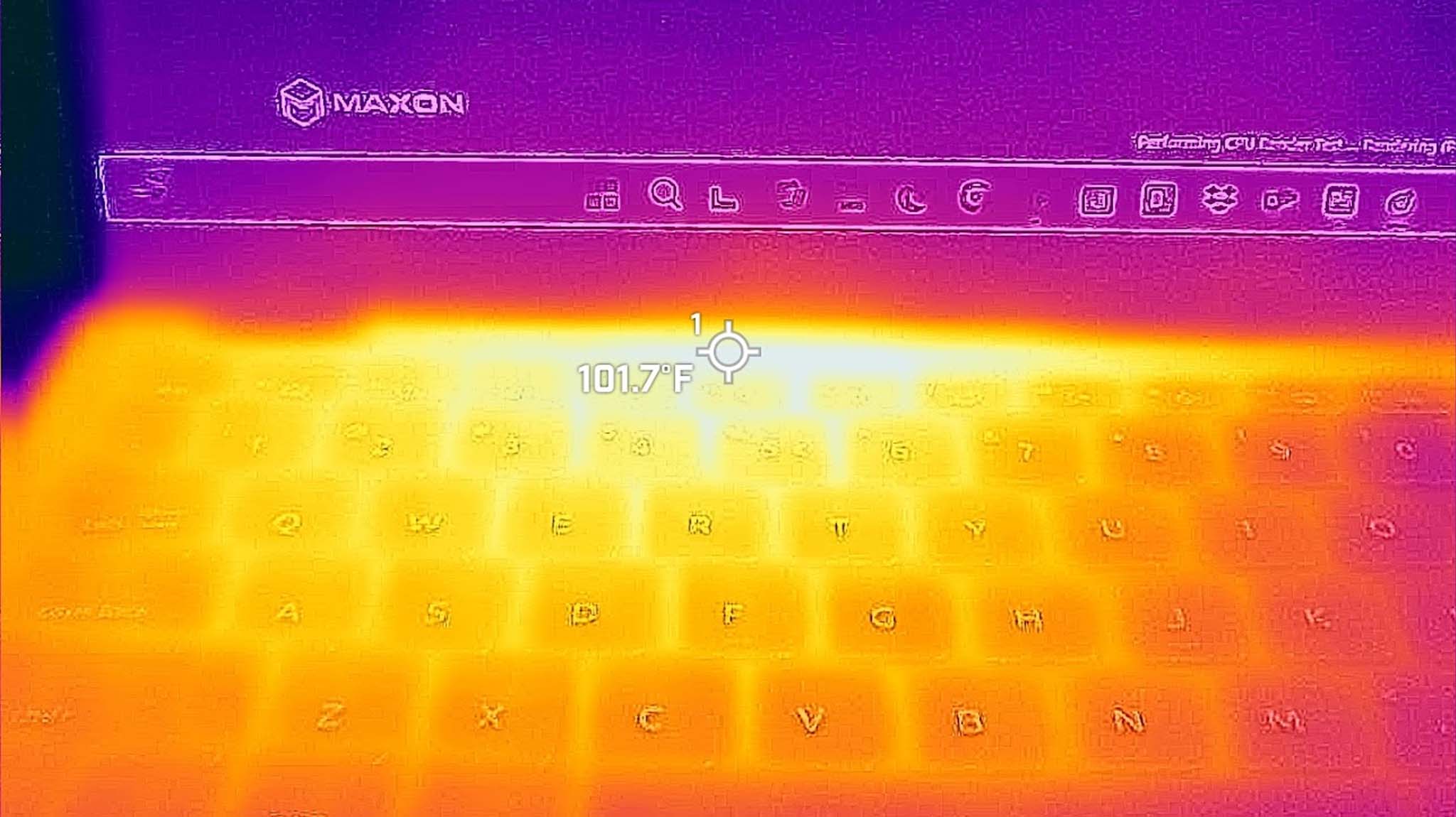 Picture taken with a thermal camera focusing on the area above the Acer Swift 14 AI's keyboard.