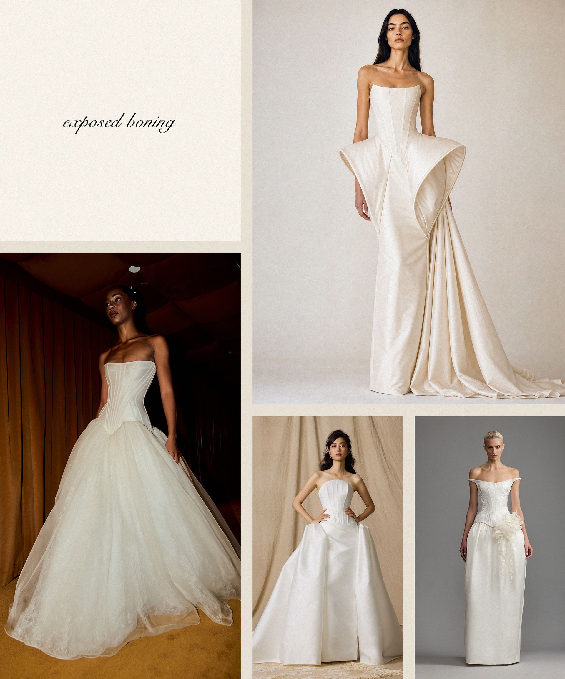 five images showing wedding dresses with exposed boning.