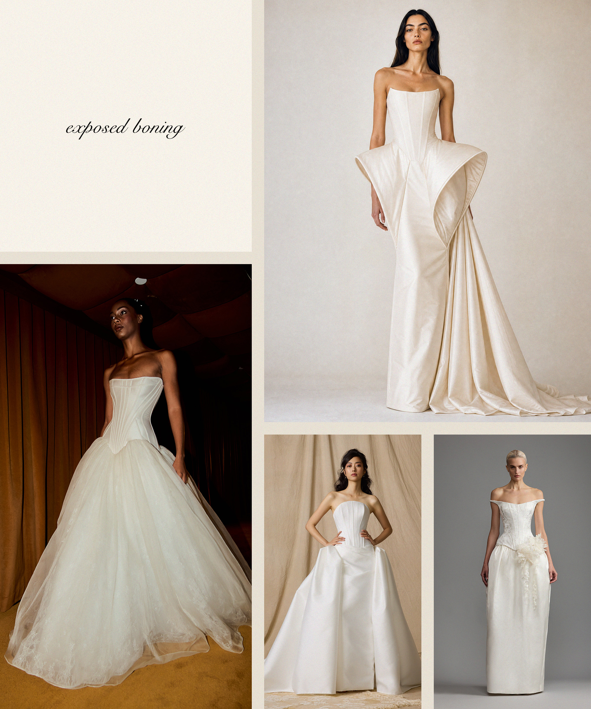 five images showing wedding dresses with exposed boning.