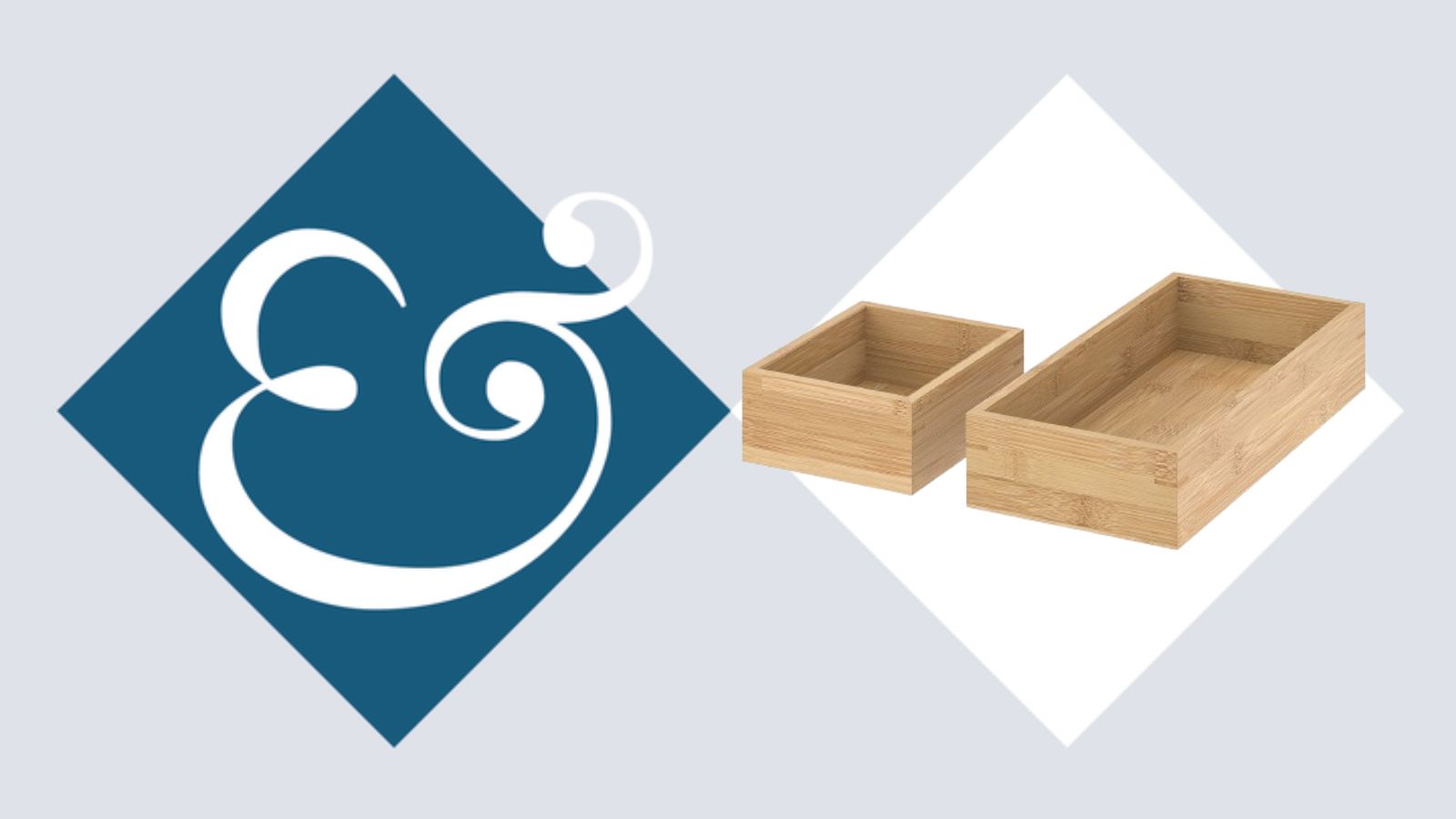 Two of IKEA's bamboo organizing trays on a light blue H&amp;G background, framed in a white diamond to the right, with the magazine's ampersand logo on a dark blue diamond to the left