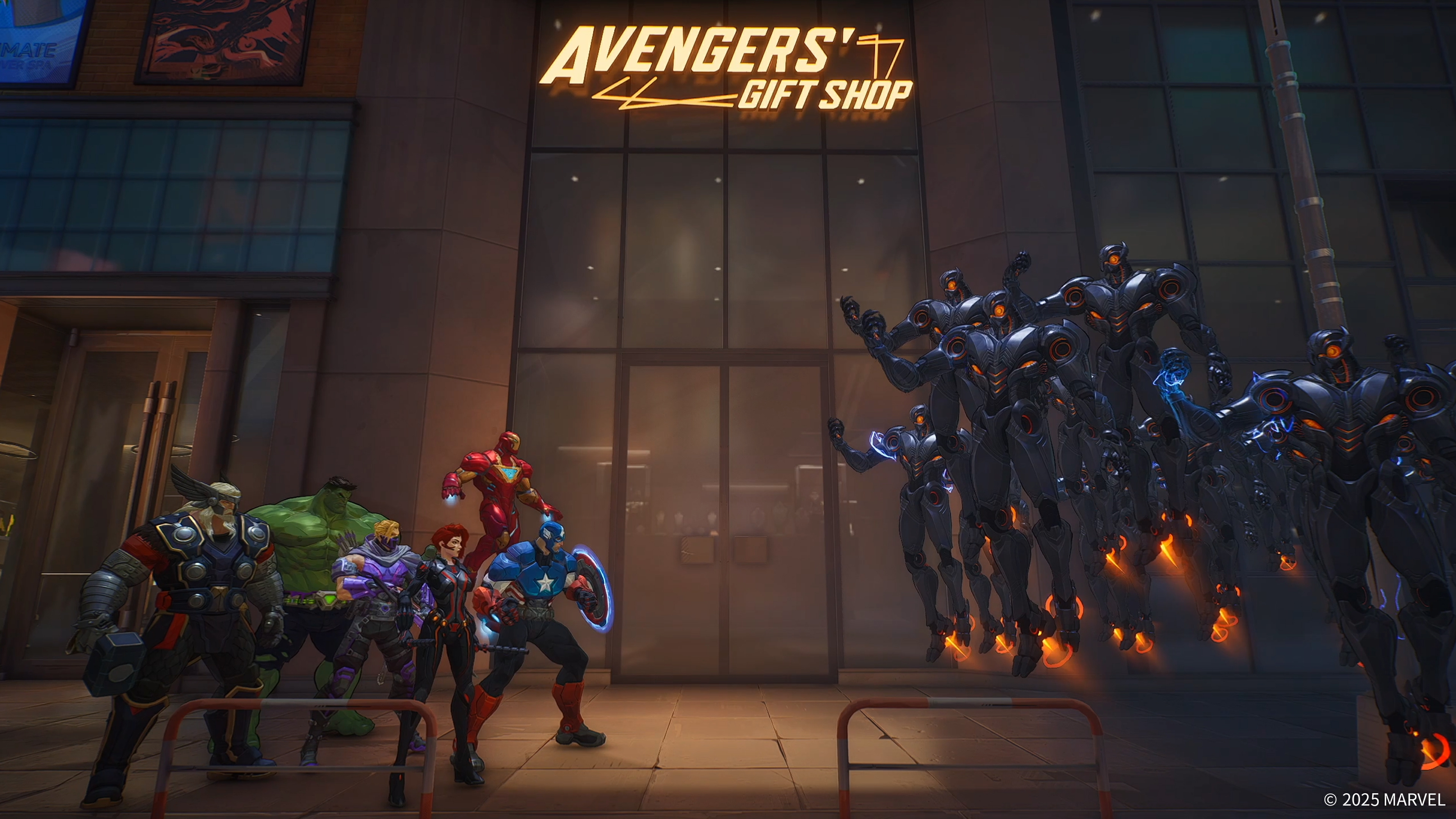The Avengers face off against a horde of Ultron bots in front of Avengers&#039; Gift Shop