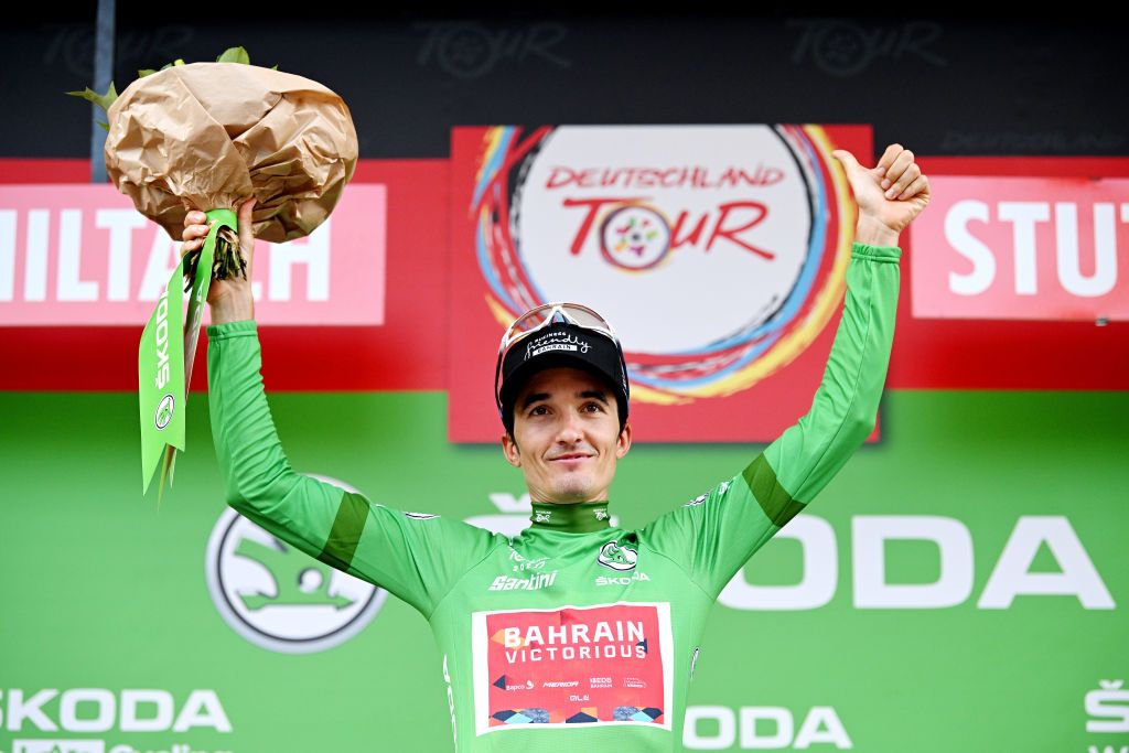 STUTTGART GERMANY AUGUST 28 Pello Bilbao Lpez of Spain and Team Bahrain Victorious celebrates at podium as Green Points Jersey winner during the 37th Deutschland Tour 2022 Stage 4 a 1866km stage from Schiltach to Stuttgart DeineTour on August 28 2022 in Stuttgart Germany Photo by Stuart FranklinGetty Images