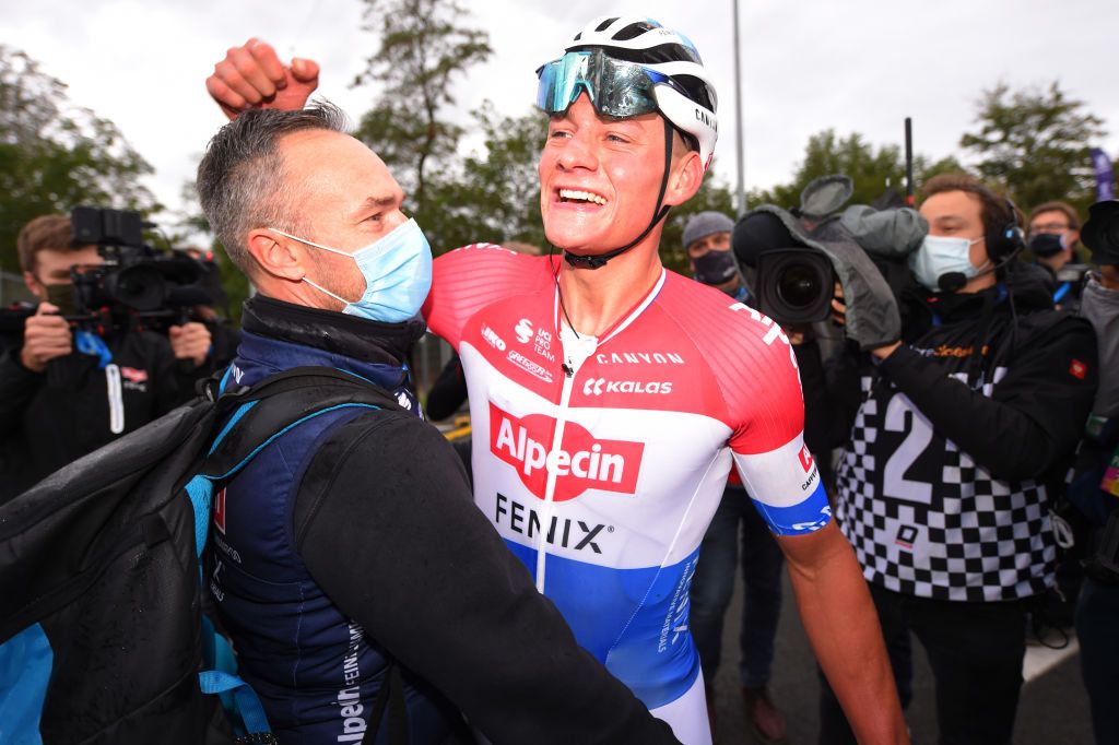 OUDENAARDE BELGIUM OCTOBER 18 Arrival Mathieu Van Der Poel of The Netherlands and Team AlpecinFenix Celebration during the 104th Tour of Flanders 2020 Ronde van Vlaanderen Men Elite a 2433km race from Antwerpen to Oudenaarde RVV20 FlandersClassic on October 18 2020 in Oudenaarde Belgium Photo by Luc ClaessenGetty Images