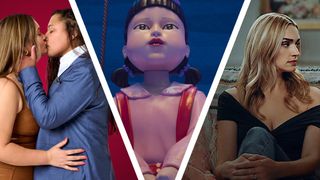 A collage image showing stills from the following TV shows: The Ultimatum: Queer Love season 2, Squid Game season 3 and Ginny & Georgia season 3 