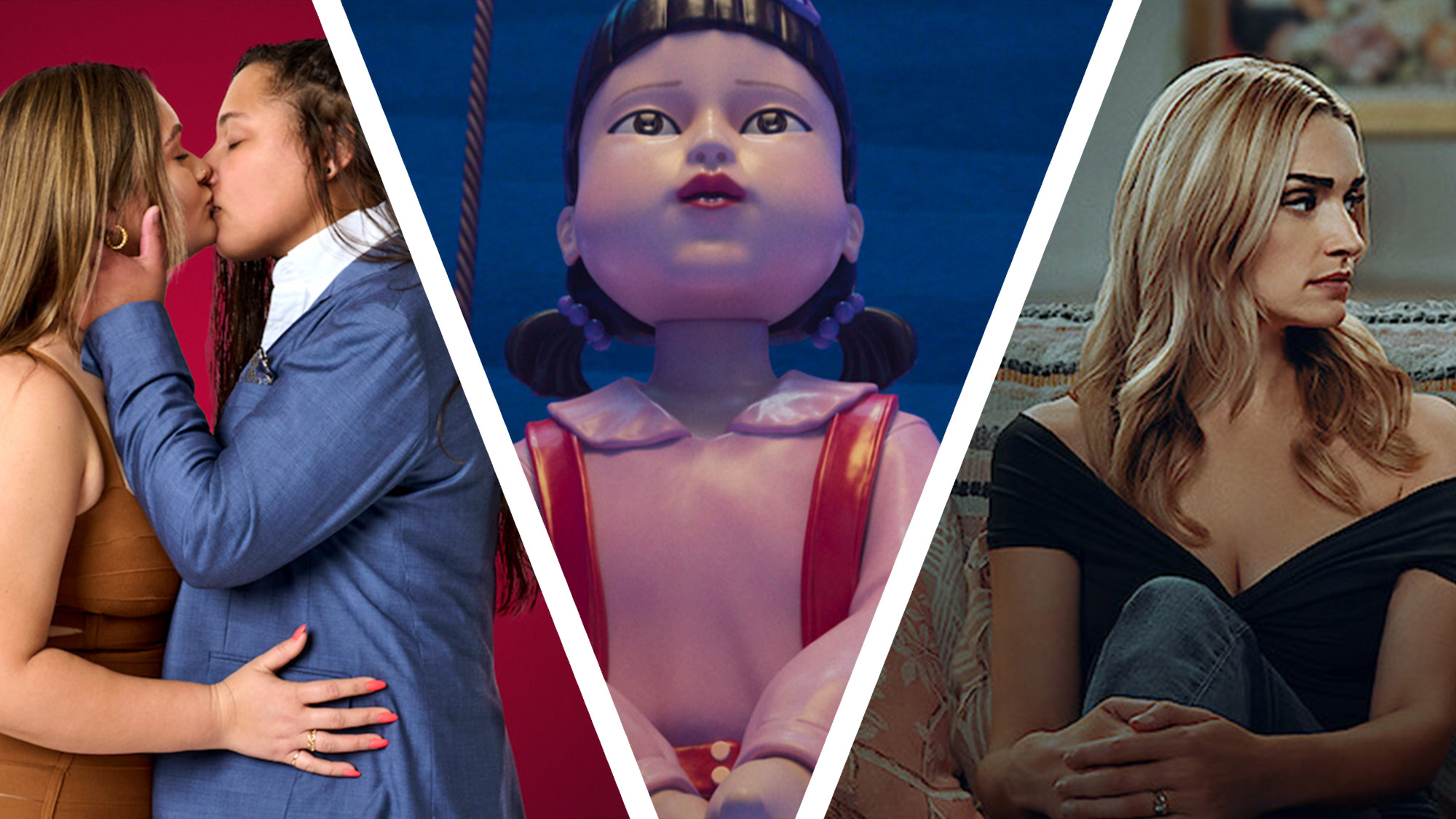A collage image showing stills from the following TV shows: The Ultimatum: Queer Love season 2, Squid Game season 3 and Ginny &amp; Georgia season 3 