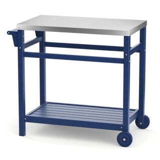 blue and metal console potting/food prep table