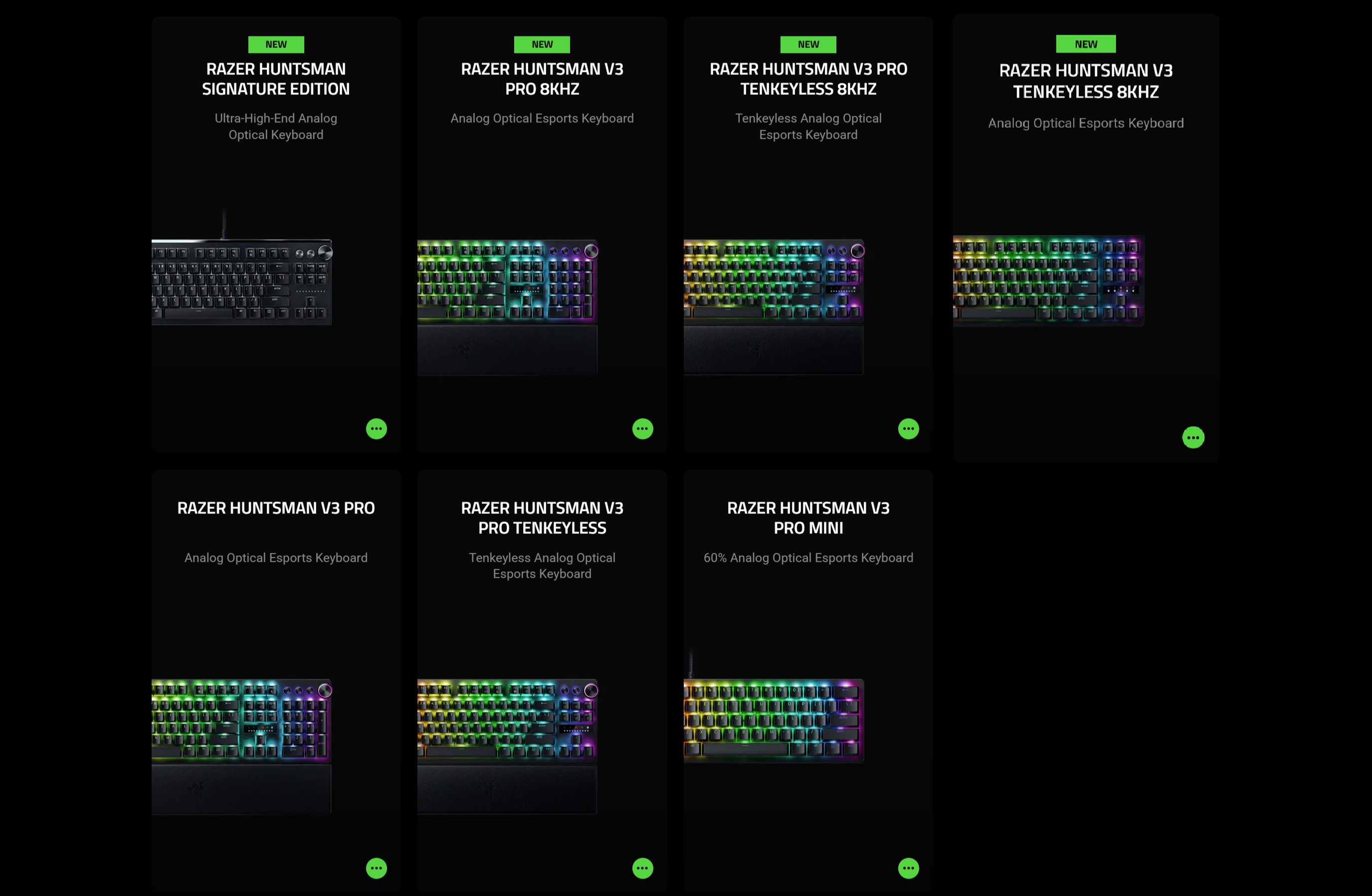 Grid of seven Razer gaming keyboards, labeled with models like Huntsman V3 and Pro. Colorful RGB lighting on black backgrounds conveys a high-tech vibe.