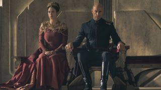 Rulers of the Imperium Empress Natalya (Jodhi May) and Emperor Javicco Corrino (Mark Strong) in their royal chambers in Dune: Prophecy