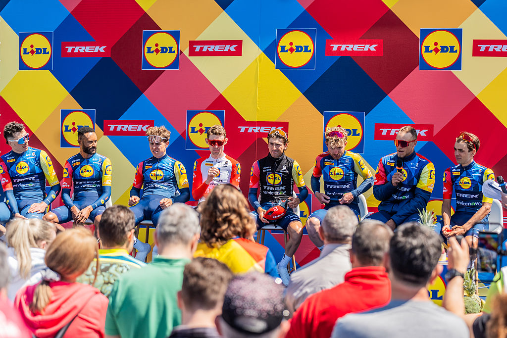 The Lidl-Trek cycling team meets fans in Ravda, Bulgaria, on May 6, 2026, ahead of the 109th edition of the Giro d&amp;apos;Italia. The race is set to start from Bulgaria. (Photo by Hristo Rusev/NurPhoto via Getty Images)