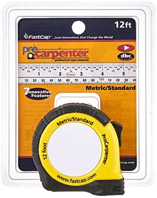 Black, yellow and white measuring tape in it's orange and black packaging