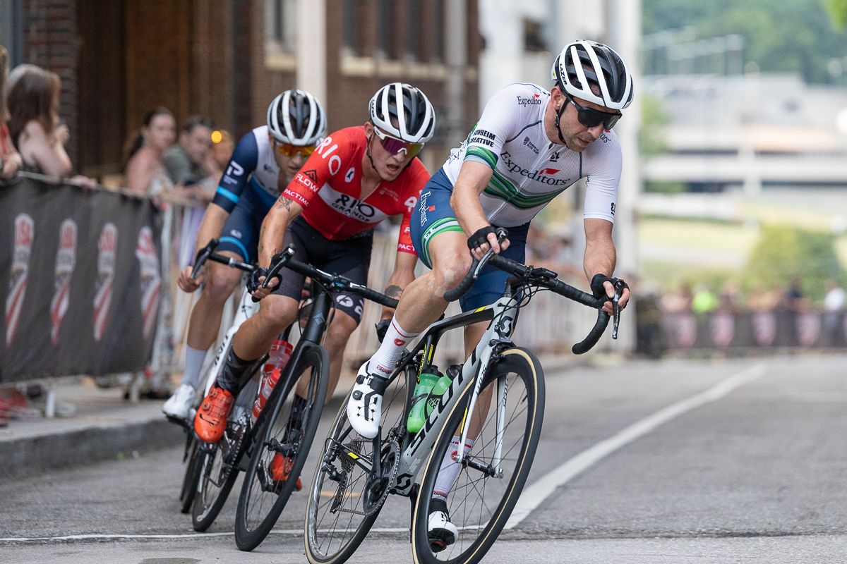 Kaler Marshall (Expeditors Cycling Team) leads a group of three that got a significant gap on the field for a full lap and a half