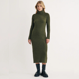 Khaki Knitted Roll Neck Midi Jumper Dress