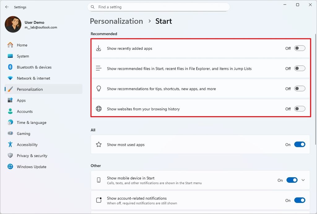 Start menu disabling recommended section