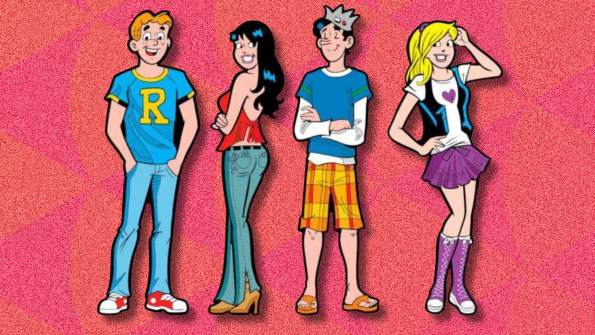 an image of the four main characters from the Archie comics against a pink patterned background