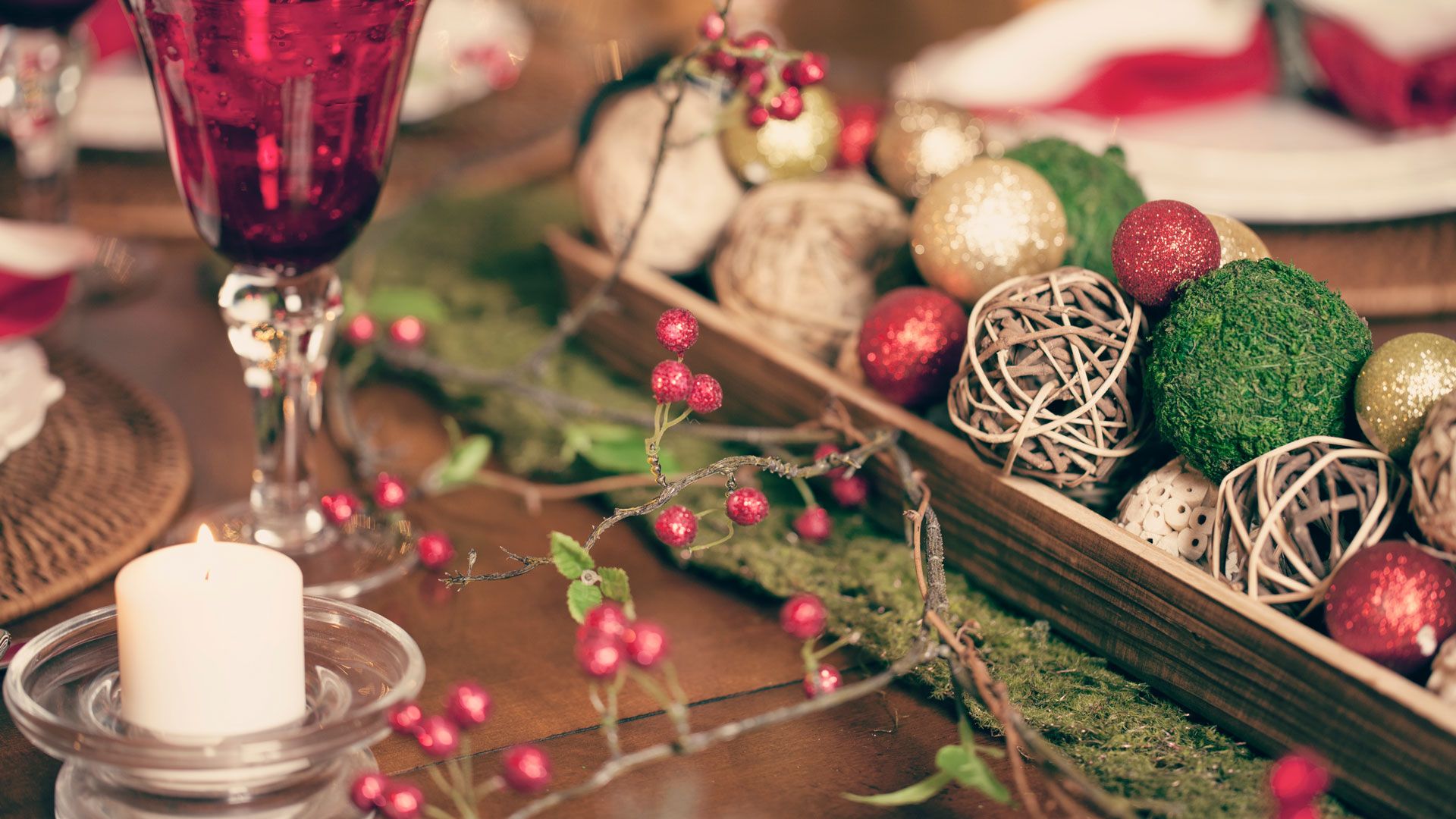 Christmas centerpiece with wooden tray filled with baubles