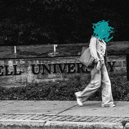 Black-and-white photo of a person walking past a Cornell University stone sign, with their face obscured by a teal scribble.