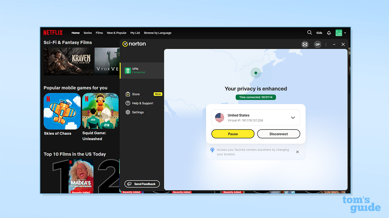 Screenshot of Norton VPN unblocking Netflix when using a US server