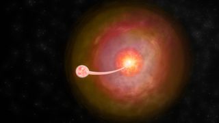 a small white star pulls material away from a larger red star