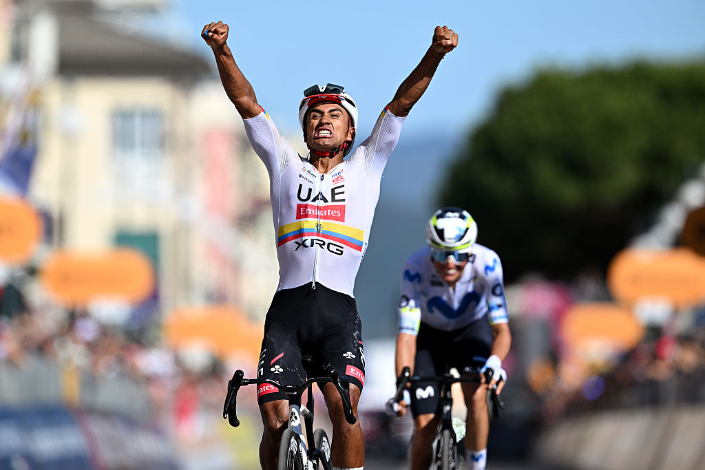 CHIAVARI, ITALY - MAY 20: Jhonatan Narvaez of Ecuador and UAE Team Emirates - XRG celebrates at finish line as stage winner ahead of Enric Mas of Spain and Team Movistar during the 109th Giro d'Italia 2026, Stage 11 a 195km stage from Porcari to Chiavari / #UCIWT / on May 20, 2026 in Chiavari, Italy. (Photo by Tim de Waele/Getty Images)
