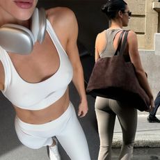 Model Rosie HW wears a white Alo Yoga workout set in a gym. Kendall Jenner wears an Alo Yoga flared legging set with a large brown suede tote. 