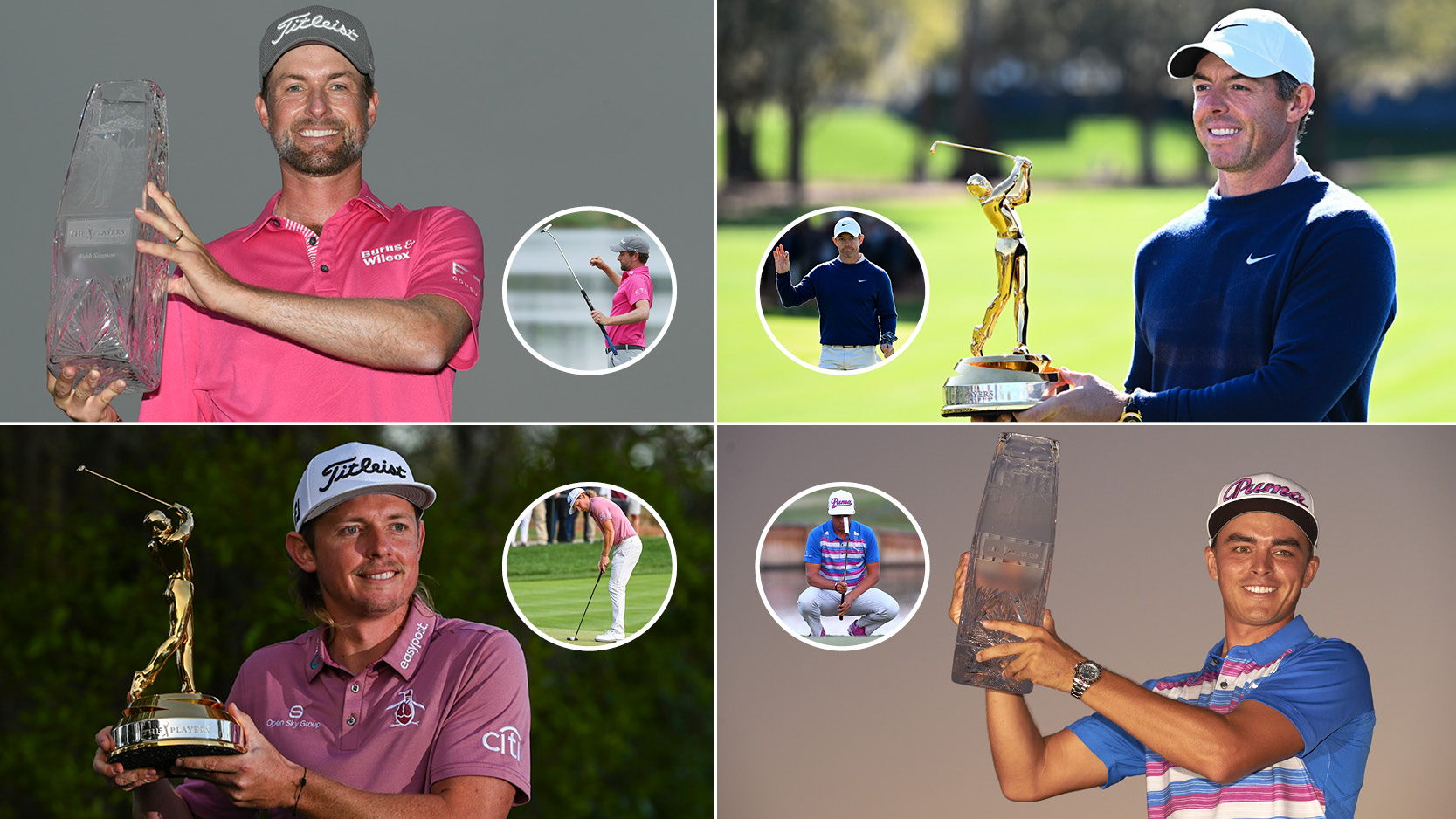 Webb Simpson, Rory McIlroy, Cameron Smith and Rickie Fowler holds Players Championship trophies, with a close up of their putters in circles