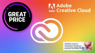 Adobe Creative Cloud logo, on a rainbow background, with the text "Great price"