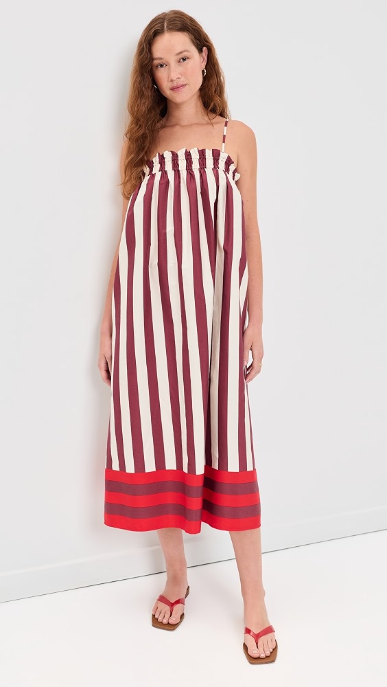 Ruffle A-Line Midi Dress in Stripe - Stripe Mix Border Dusty Merlot